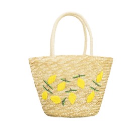 Nicole & Doris Women's Straw Bag, Grass Knitted Tote Bag, Lemon Embroidery, Woven Basket, Tote for Summer, Shoulder Bag, Elegant, Yukata, Fireworks, Summer Festivals, Travel, Beach, Straw Bag, Khaki, Cherry