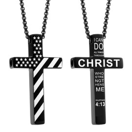FUNPAR American Flag Cross Breathing Necklace, Stainless Steel Patriotic Jewelry, Inspirational Bible Verse Cross Necklace, Anxiety Relief Items for Men Christian Gift for Boys(Black 4:13)