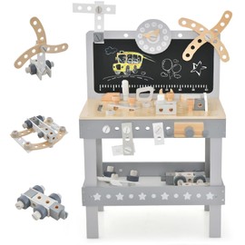 INFANS Tool Bench Set for Toddlers, Kids Wooden Workbench with Blackboard Construction Building Tools and 62 Accessories, Creative Realistic Pretend Play Workshop Gift for Boys Girls