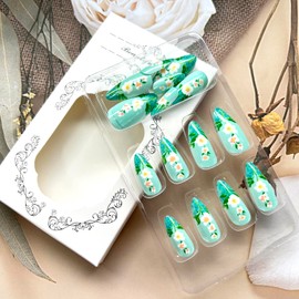 TBRZTR Flower Press on Nails Medium Almond Shaped Green Floral Pattern Design Full Cover Glossy Artificial Fingernails Reusable Acrylic False Nail DIY Artificial Stick on Nails for Women 24Pcs