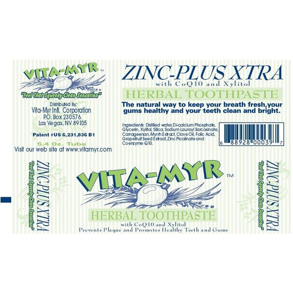 2 Pk VITA-MYR Herbal Zinc Plus Xtra Natural Toothpaste - Effective 5.4 oz - No Sugar, No Fluoride, No SLS, No Aspartame, No Saccharin