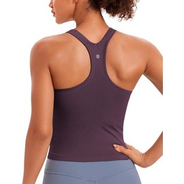 CRZ YOGA Seamless Ribbed Womens Tank Top Racerback Camisoles with Built in Bra Padded Scoop Neck Athletic Workout Slim Tanks Grape Thistle Purple Small