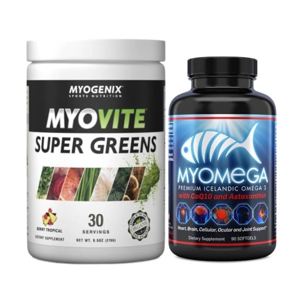 Myogenix Myomega Omega-3 Softgels & Myovite SuperGreens Powder – Clean