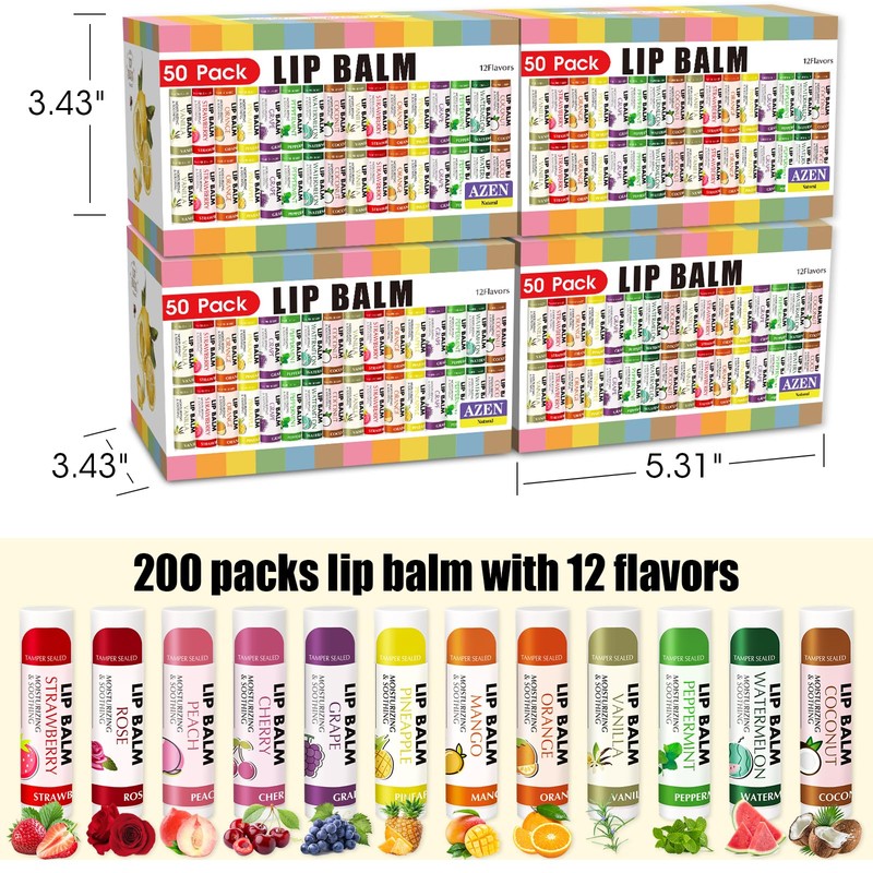 AZEN 200 Pack Lip Balm, Natural Lip Balm Bulk, Lip