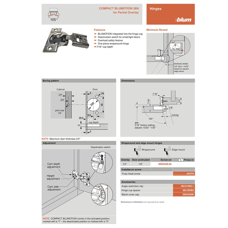 Blum 38N355B.08 Compact BLUMOTION 38N Hinge, Soft-Close, 105 Degree, 1/2