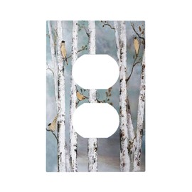 Teal Gold Birch Tree White Bird 1 Gang Electrical Duplex Outlet Covers Landscape Forest Decorative Wall Plate Switchplate Faceplate for Home Room Decor