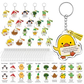 Luvsweets Inspirational Positive Keychain Gift - 20 Sets Emotional Support Keychain with Tassel, Employee Appreciation Gifts Bulk, Cute Vegetable Animal Keychain Gifts for Staff Coworkers Teachers