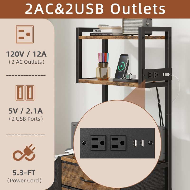 HIGDBFE 3 Drawer File Cabinet with Charging Station, 45''H, 3-Tier