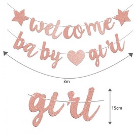 Volumoon Welcome Baby Girl Banner, Baby Girl Shower Party Decorations, Glitter Welcome Baby Girl Decorations, 1st Girl Birthday Party Supplies for Girl, Welcome Home Baby Girl for Newborn (Rose Gold)