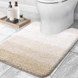 OLANLY Luxury Microfiber Toilet Mat U-Shaped, Extra Soft and Absorbent Bath Mat, Non-Slip Plush Shaggy Bathroom Rug, Machine Wash Dry, Contour Toilet Rugs for Toilet Base, 20x24, Light Beige