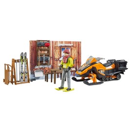 bruder 63102 Bworld Mountain Hut with Snowmobile & Figure 1:16 Snowmobile Skier Winter Toy Theme Set