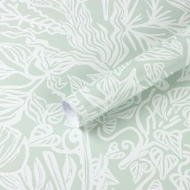 Fiula Boho Peel and Stick Wallpaper Green/White Leaf Contact Paper 17.3inx32ft Removable Self Adhesive Bedroom Cabinet Wall Decor Vinyl Roll