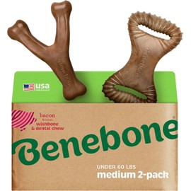 Benebone 2-pack Wishbone/Dental Durable Dog Chew Toys, Dog Toys for Aggressive Chewers, Real Bacon, Made in USA, Medium