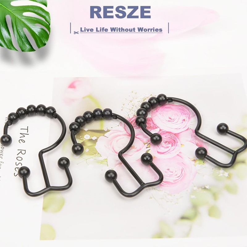 Resze 12 PCS Black Plastic Double Shower Curtain Hooks, Multi-Functional