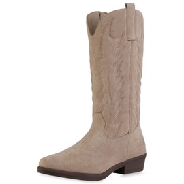 VAN HILL Women's Cowboy Boots Lightly Lined with Funnel Heel Embroidery, beige