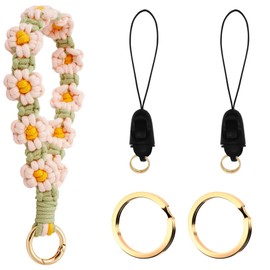 BIHRTC Macrame Bobo Flower Keychain Macrame Bohemian Bracelet Keychain Wrist Lanyard Wristlet Strap Keychain Holder Handmade Braided Wrist Keychain Keyring for Women Car Keys Bags