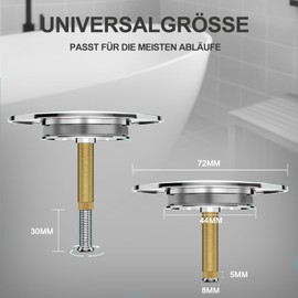SURFOU Tappo Vasca da Bagno Ø 72mm,Universale con Guarnizione 44mm, Struttura in Acciaio Inox, Regolabile, Cromato, Antiruggine, Adatto alla Maggior Parte delle Vasche