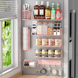 IYEBAU Magnetic Spice Rack for Refrigerator,8 Pack Magnetic Fridge Shelf, Moveable Spice Organizer with Hook Rack, Paper Towel Holder, Utensil Holder,cup lid holder, Super Magnetic Rack Set (Pink)