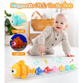 Baby Music Crawling Walking Toys for 0-6 6-12 Months Infants Tummy Time Toys, Magnetic Train Fishes Set, Light Up Fishing Game, Sorting and Stacking Toy for Toddler 1-3, Birthday Gifts for Boys Girls