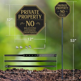 Faittoo Large Private Property No Soliciting Sign for House No Trespassing Sign with 54" Metal Thick Stake, 4 Pack 12"x12" Rust Free Heavy Aluminum, Reflective, Fade Resistant, Easy to Mount
