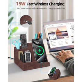 Investme Wireless Charger with Desk Organizer, Pen Pencil Holder, Multifunctional Desktop Organizer, Office Supplies and Desk Accessories Organizer with 3 Compartments and 1 Phone Stand, Dark Brown