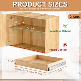 Menkxi 2 Set Pull out Tray Cabinet Organizer Wooden Pull Drawers storage Slide out Pantry Shelf for Base Cabinet Kitchen Gentle Close Fully Assembled Accessories(Wood Color,21'' X 21'' X 3'')