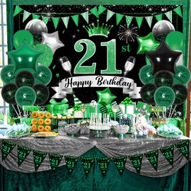 Fangleland 21st Birthday Decorations Black Green for Him Her, Happy 21st Birthday Bunting Banner Backdrop Balloons Number 21 Foil Balloons Twenty One Birthday Party Decorations Supplies for Men Women
