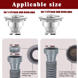1-1/2 Inch Flexible Sink Drain Pipe, Scalable 13-33.5 Inch P Trap Pipe, Kitchen Sink Drain Kit，Bathroom Sink Drain, Contains 1-1/4 Inch Adapter (Gray)