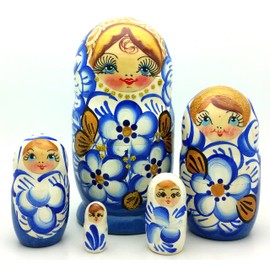 BuyRussianGifts Blue Nesting Dolls Matryoshka Gzhel Style Hand Painted Stacking Doll 5 inch Tall Set