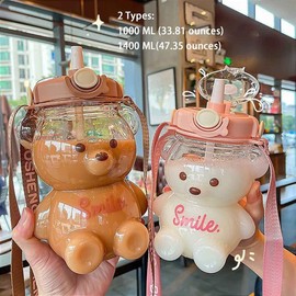 Tumnea Water Bottle for Children, Water Bottle with Straw, Kawaii Bear Water Bottle, Portable Cartoon Children's Water Bottle with Adjustable Shoulder Strap for Outdoor Travel