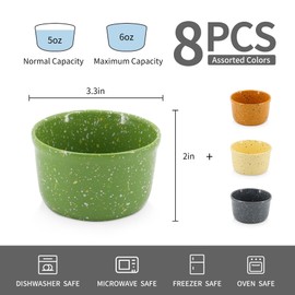 Ceramic Ramekin Bowls Set of 8,6 Oz Porcelain Baking Bowls for Souffle, Small Creme Brulee Pudding Custard Cups, Ice Cream Dipping Sauce Dish, Mini Cheesecake Pans,Assorted Colors