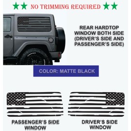 Compatible with Jeep Wrangler JL (2 Door) 2018-2025 Precut American Flag Window Decals Both Side Proudly Made in The US Matte Black (Distressed)