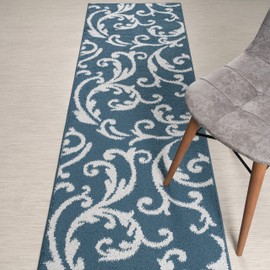 Custom Length, Non Slip Modern Floral Carpet Runner Rug Mat for Entry Hallway Kitchen Laundry, 26 inch x 15 feet, Blue
