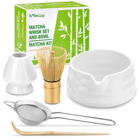 Matcha Whisk Set, Japanese Tea Set (5pcs) includes Matcha Bowl with Spout (19 oz), Bamboo Whisk and Matcha Scoop, Whisk Holder, Stainless Steel Sifter, Tea Making Tools, Matcha Kit