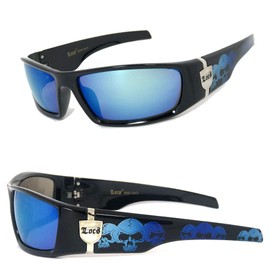 Locs Men Dark Lens Gangster Black OG Sunglasses Biker Skull Pattern ON The ARMS (Black, Blue Smoke Mirror)