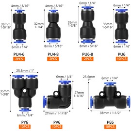QWORK® 46-teiliges Pneumatisches Quick-Push-In-Anschlussset für 4mm/6mm/8mm-Luftschläuche - inkl. Gerade/Winkel-/T-/Splitter-Anschluss & multifunktionale Adapter