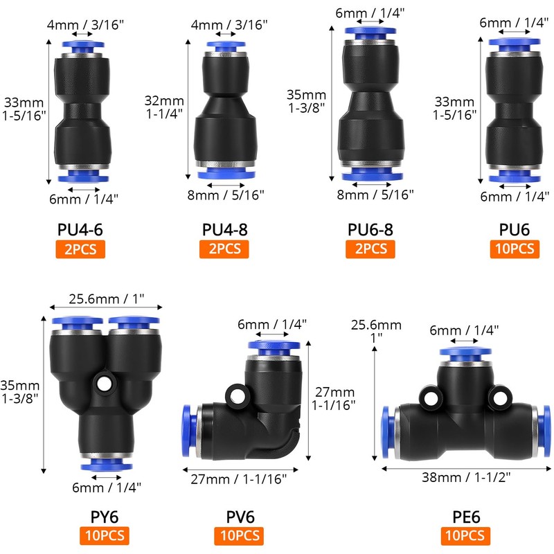 QWORK® 46-teiliges Pneumatisches Quick-Push-In-Anschlussset für 4mm/6mm/8mm-Luftschläuche - inkl. Gerade/Winkel-/T-/Splitter-Anschluss &