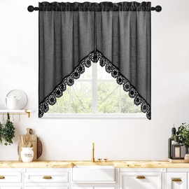 Gibelle Grey Boho Swag Kitchen Curtains 38 Inch Length, 2 Panels Modern Farmhouse Short Cafe Curtains, Linen Small Tier Curtain for RV/Bathroom/Basement/Laundry Room