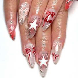 Bow Star Press on Nails with Rhinestones Fake Nails Medium Almond Full Cover Glue on Nail Glossy Artificial Acrylic Nail for Women DIY Manicure