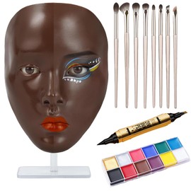 Makeup Practice Face Board Set, 5D Silicone Full Face Painting Mannequin Head with Brushes, Eyebrow Pen, Ideal for Beginners & Enthusiasts to Improve Makeup Skills, Dark Brown