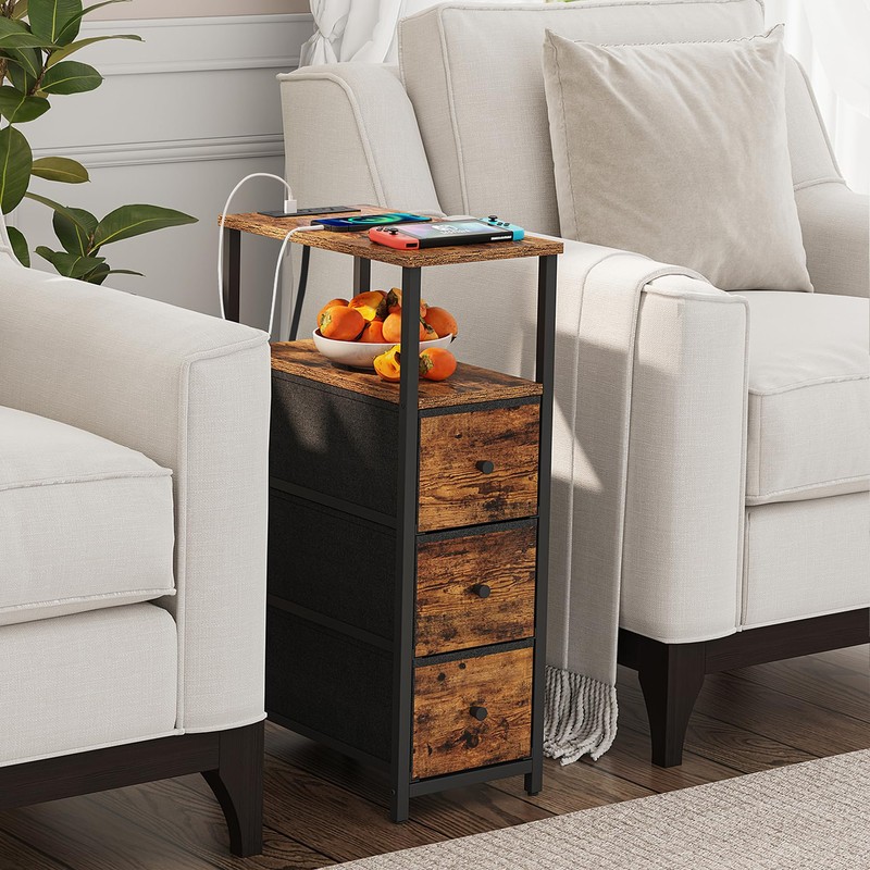 TUTOTAK Narrow Night Stand with Charging Station, Slim End Table