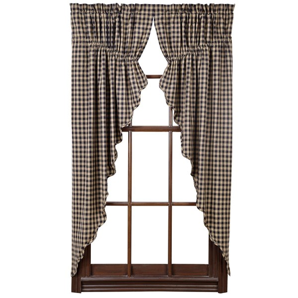 VHC Brands Black Check Scalloped Prairie Short Panel Set of 2 63x36x18 Country Curtains, Black and Tan