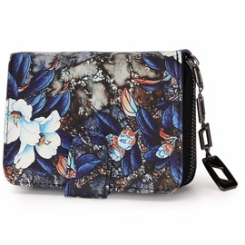 Women's Small Purse in Short Format, Women's Purse with Flowers and Blossom Pattern in Mandala and Ethnic Style, Women's Purse with Zip and Press Stud and Many Compartments, Blue flowers, Retro