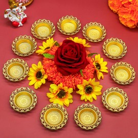 Golden Metal Diwali Diya Set - 12PCS Reusable Deya Oil Lamps for Diwali Gifts Indian Wedding Housewarming Pooja Decor Home Temple Mandir Altar Puja Item India Urli Bowl Diyas for Hindu Religion Ritual