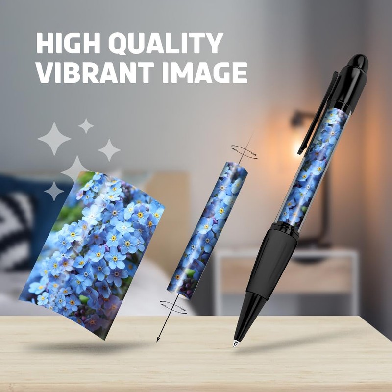 1x Black Ballpoint Pen (Photo Insert) - Forget-Me-Not Flowers Purple