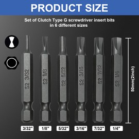 6-Piece Type G Clutch Bits Set, 1/4 Inch Hex Shank Clutch Head Screwdriver Power Bits, S2 Steel, Compatible with Vintage American Cars and Mobile Home Repair