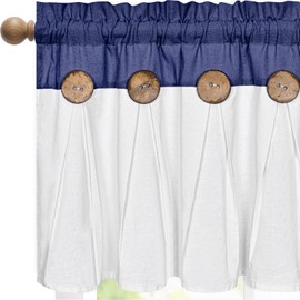 FRAMICS Farmhouse Valance Curtains, Boho Cotton Linen Kitchen Valances, Navy Blue Rustic Button Window Valance for Kitchen Bathroom Bedroom, Country Rod Pocket Valances for Windows, 52 x 18 Inch