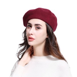 JOOWEN Women's Vintage Classic French Artist Solid 100% Wool Beret Hat Beanie Cap (Burgundy)