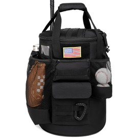XINTREY Tactical Baseball Bucket Cover Organizer for 6 Gallon Buckets Coaches Bag with Anti-Slip EVA Bottom for Training Equipment,Baseball Gear, Accessories (Black)