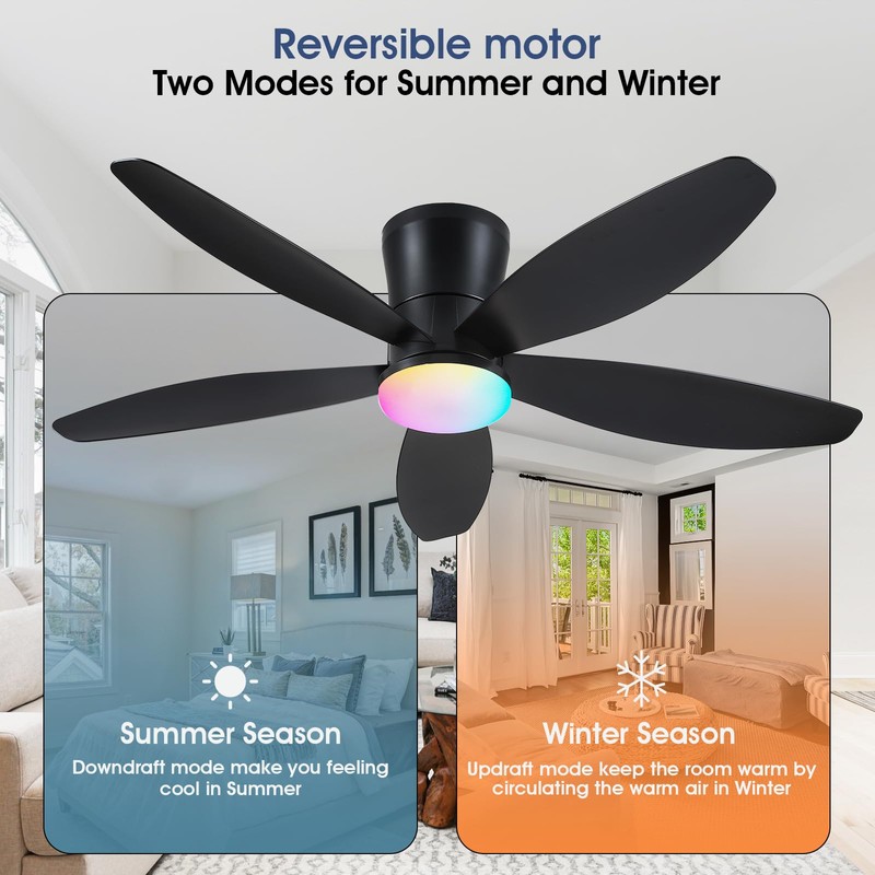 Surtime Flush Mount RGB Ceiling Fans with Lights-48 Low Profile